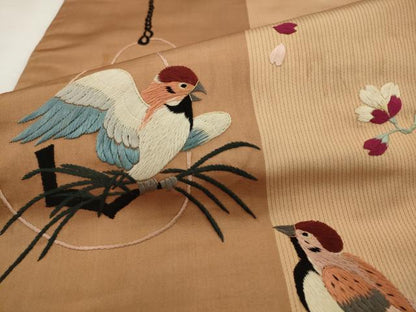 平和屋着物●アンティーク　大正ロマン　九寸名古屋帯　総手刺繍　雀　正絹　逸品　AABJ7101pf