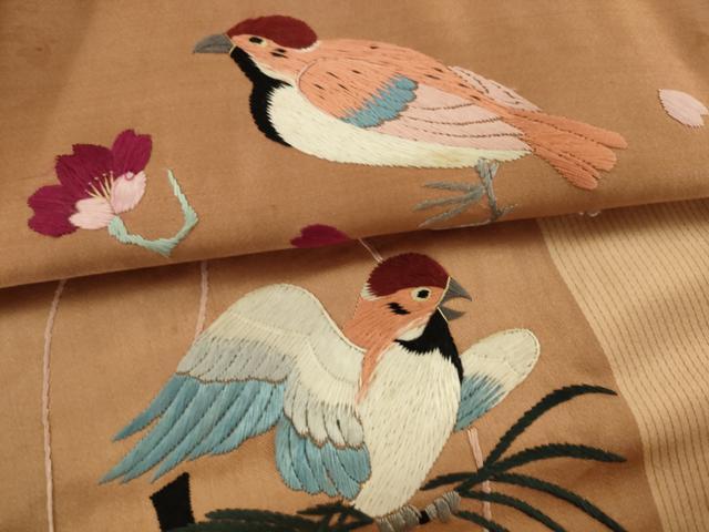 平和屋着物●アンティーク　大正ロマン　九寸名古屋帯　総手刺繍　雀　正絹　逸品　AABJ7101pf