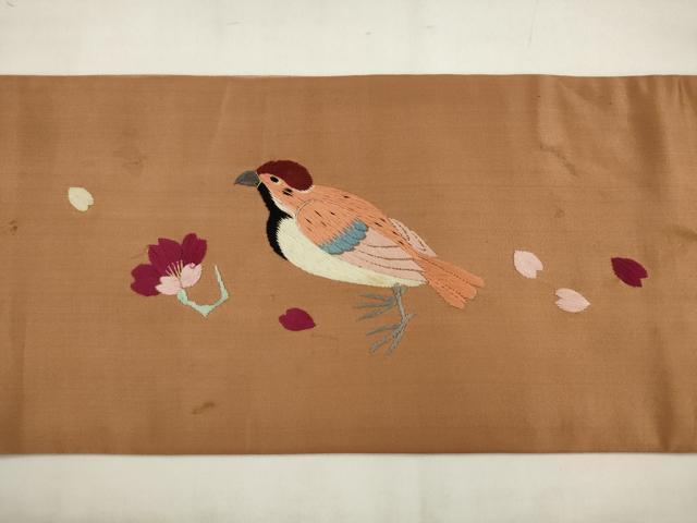平和屋着物●アンティーク　大正ロマン　九寸名古屋帯　総手刺繍　雀　正絹　逸品　AABJ7101pf