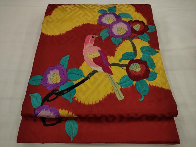 平和屋着物●アンティーク　大正ロマン　太鼓柄京袋帯　総手刺繍　休み鳥　正絹　逸品　AABJ7102pf