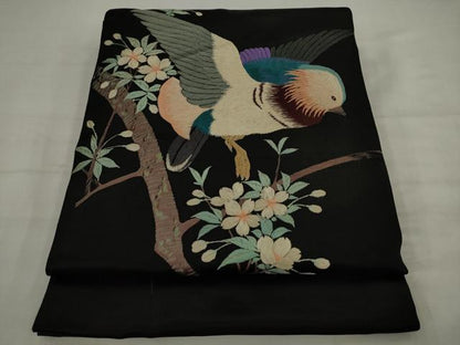 平和屋着物●アンティーク　大正ロマン　丸帯　引き抜き帯　総手刺繍　休み鳥　黒地　正絹　逸品　AABJ7104pf