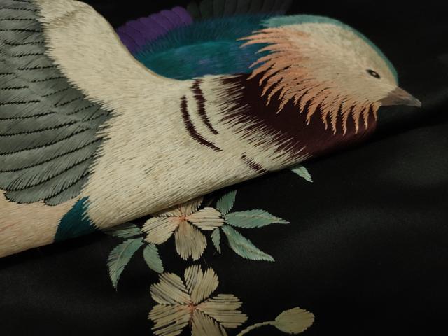 平和屋着物●アンティーク　大正ロマン　丸帯　引き抜き帯　総手刺繍　休み鳥　黒地　正絹　逸品　AABJ7104pf