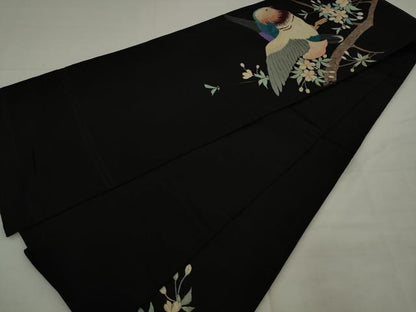 平和屋着物●アンティーク　大正ロマン　丸帯　引き抜き帯　総手刺繍　休み鳥　黒地　正絹　逸品　AABJ7104pf