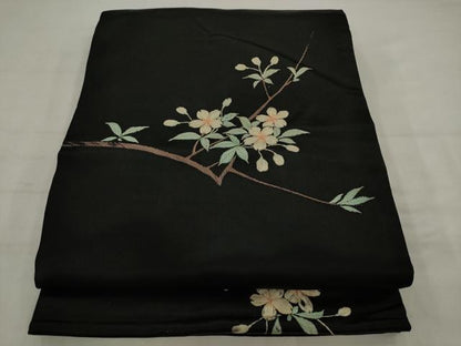 平和屋着物●アンティーク　大正ロマン　丸帯　引き抜き帯　総手刺繍　休み鳥　黒地　正絹　逸品　AABJ7104pf