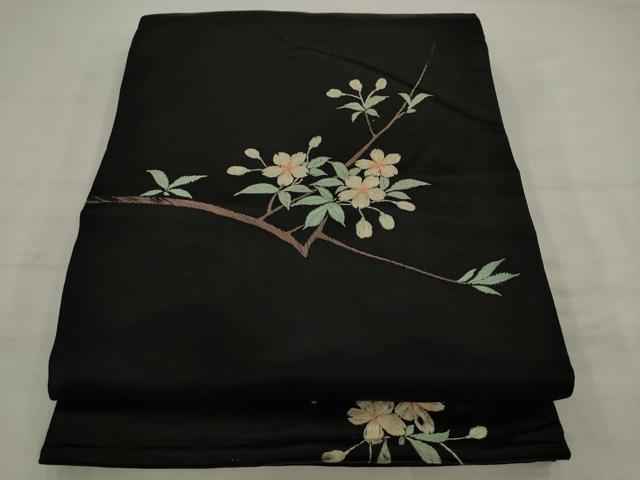 平和屋着物●アンティーク　大正ロマン　丸帯　引き抜き帯　総手刺繍　休み鳥　黒地　正絹　逸品　AABJ7104pf