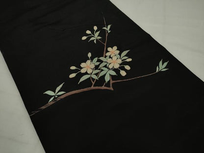 平和屋着物●アンティーク　大正ロマン　丸帯　引き抜き帯　総手刺繍　休み鳥　黒地　正絹　逸品　AABJ7104pf