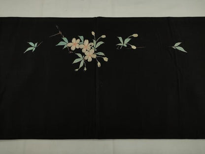 平和屋着物●アンティーク　大正ロマン　丸帯　引き抜き帯　総手刺繍　休み鳥　黒地　正絹　逸品　AABJ7104pf