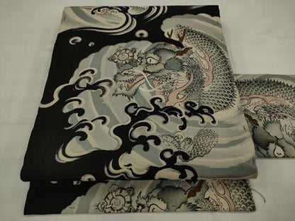 平和屋着物●アンティーク　大正ロマン　九寸名古屋帯　駒刺繍　龍　黒地　正絹　逸品　AABJ7105pf