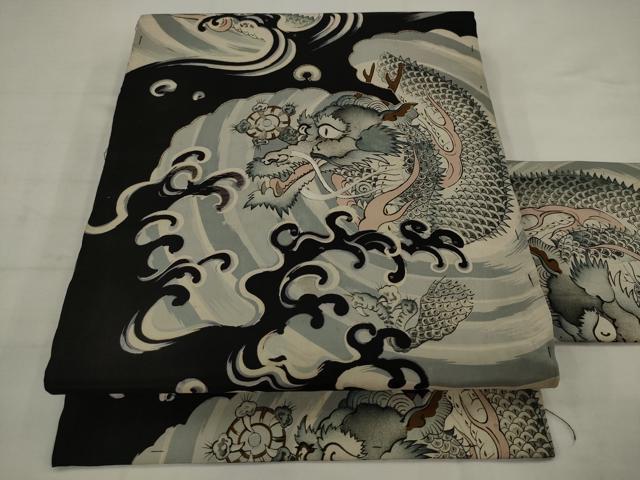 平和屋着物●アンティーク　大正ロマン　九寸名古屋帯　駒刺繍　龍　黒地　正絹　逸品　AABJ7105pf