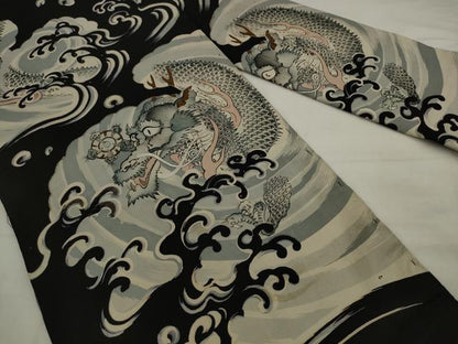 平和屋着物●アンティーク　大正ロマン　九寸名古屋帯　駒刺繍　龍　黒地　正絹　逸品　AABJ7105pf