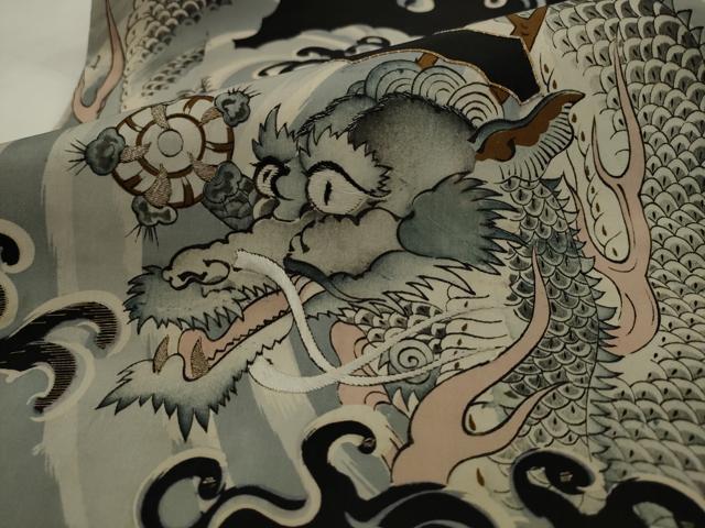 平和屋着物●アンティーク　大正ロマン　九寸名古屋帯　駒刺繍　龍　黒地　正絹　逸品　AABJ7105pf