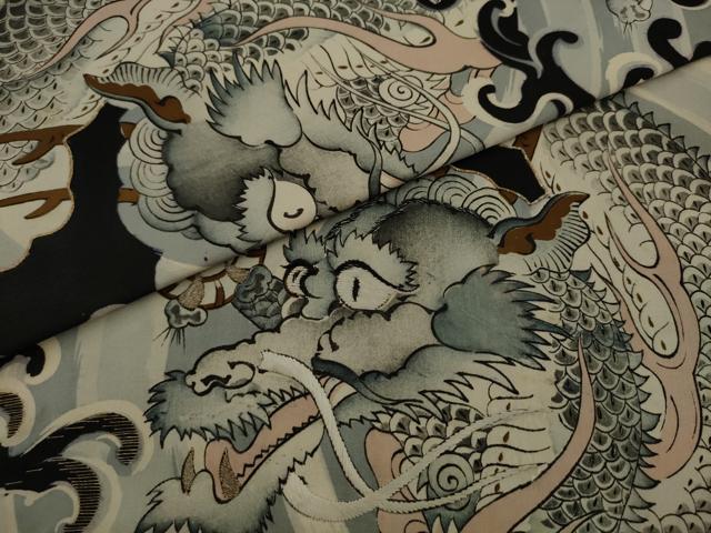 平和屋着物●アンティーク　大正ロマン　九寸名古屋帯　駒刺繍　龍　黒地　正絹　逸品　AABJ7105pf