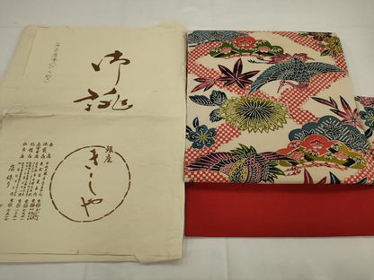 平和屋着物●銀座きしや　つけ帯　紅型　花鳥文　鬼しぼ縮緬　たとう紙付き　正絹　逸品　AABJ7106pf