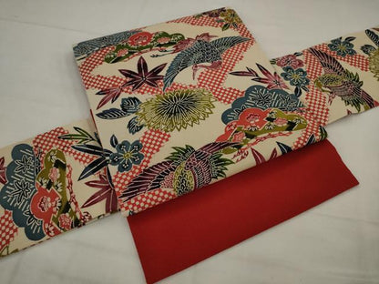 平和屋着物●銀座きしや　つけ帯　紅型　花鳥文　鬼しぼ縮緬　たとう紙付き　正絹　逸品　AABJ7106pf