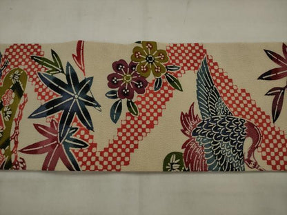 平和屋着物●銀座きしや　つけ帯　紅型　花鳥文　鬼しぼ縮緬　たとう紙付き　正絹　逸品　AABJ7106pf