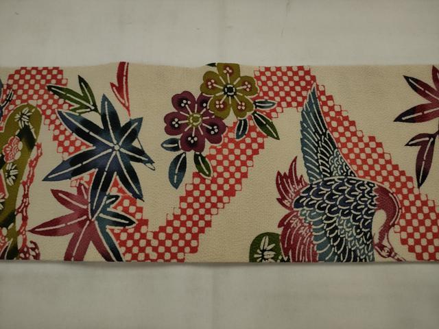 平和屋着物●銀座きしや　つけ帯　紅型　花鳥文　鬼しぼ縮緬　たとう紙付き　正絹　逸品　AABJ7106pf