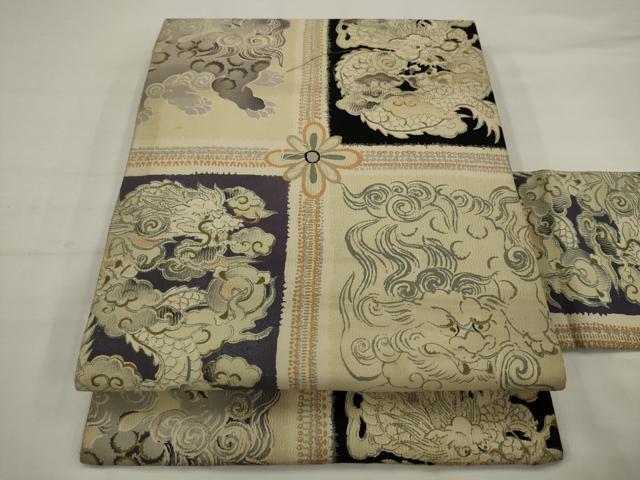平和屋着物●アンティーク　大正ロマン　全通柄九寸名古屋帯　刺繍　龍　正絹　逸品　AABJ7107pf