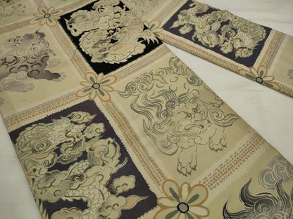 平和屋着物●アンティーク　大正ロマン　全通柄九寸名古屋帯　刺繍　龍　正絹　逸品　AABJ7107pf