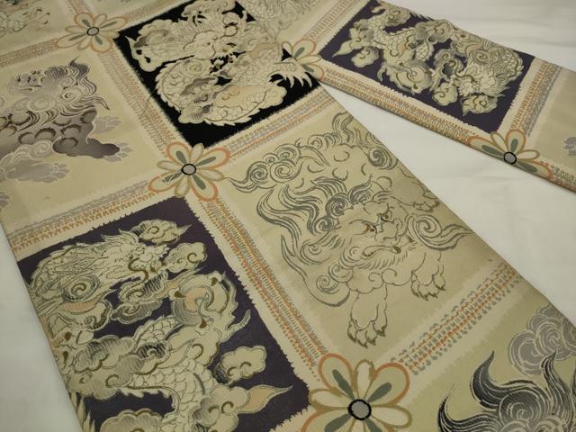 平和屋着物●アンティーク　大正ロマン　全通柄九寸名古屋帯　刺繍　龍　正絹　逸品　AABJ7107pf