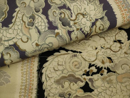 平和屋着物●アンティーク　大正ロマン　全通柄九寸名古屋帯　刺繍　龍　正絹　逸品　AABJ7107pf