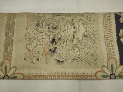 平和屋着物●アンティーク　大正ロマン　全通柄九寸名古屋帯　刺繍　龍　正絹　逸品　AABJ7107pf