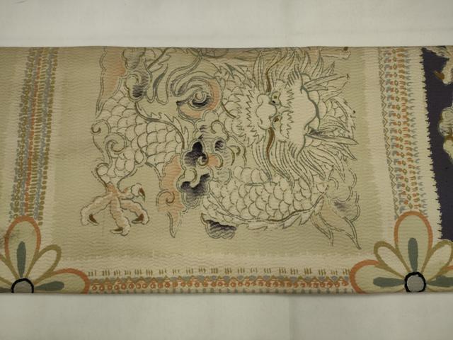 平和屋着物●アンティーク　大正ロマン　全通柄九寸名古屋帯　刺繍　龍　正絹　逸品　AABJ7107pf