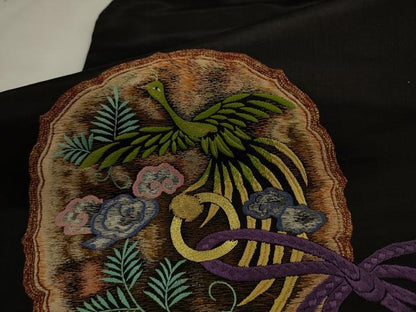 平和屋着物●アンティーク　大正ロマン　九寸名古屋帯　総手刺繍　花鳥文　黒地　金銀糸　正絹　逸品　AABJ7110pf
