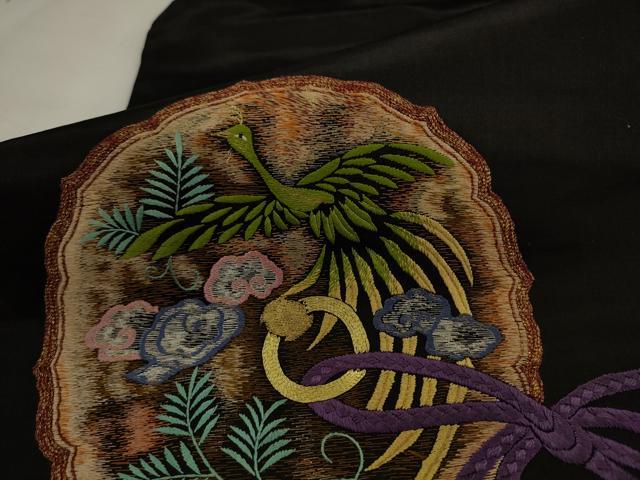 平和屋着物●アンティーク　大正ロマン　九寸名古屋帯　総手刺繍　花鳥文　黒地　金銀糸　正絹　逸品　AABJ7110pf