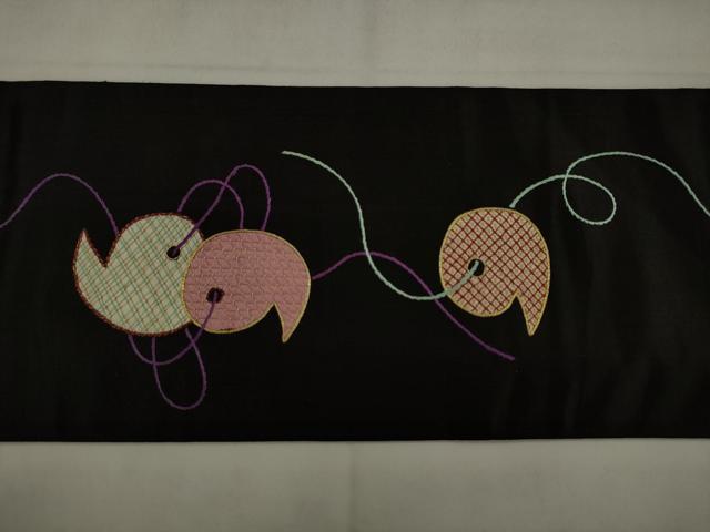 平和屋着物●アンティーク　大正ロマン　九寸名古屋帯　総手刺繍　花鳥文　黒地　金銀糸　正絹　逸品　AABJ7110pf