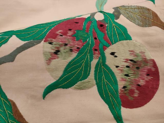 平和屋着物●アンティーク　大正ロマン　九寸名古屋帯　総手刺繍　成り物　金糸　正絹　逸品　AABJ7111pf
