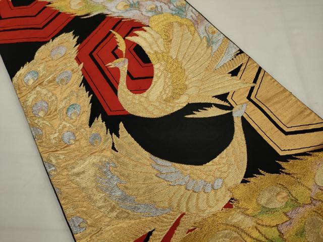 平和屋着物◎六通柄袋帯　唐織　孔雀文　黒地　金銀糸　正絹　逸品　AABJ7129pf