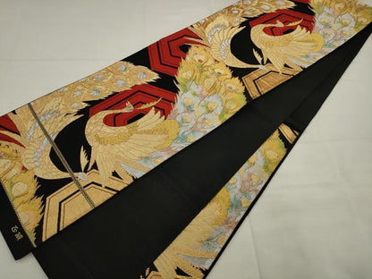 平和屋着物◎六通柄袋帯　唐織　孔雀文　黒地　金銀糸　正絹　逸品　AABJ7129pf
