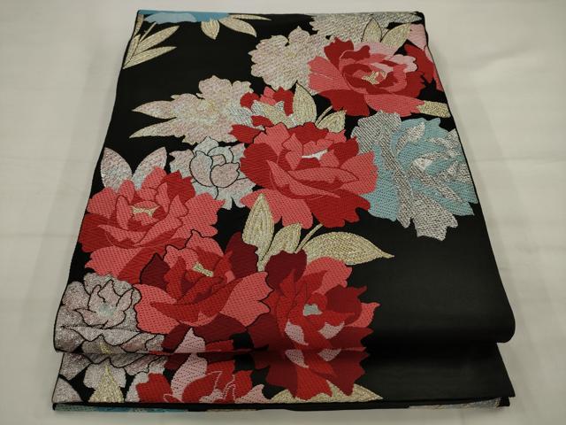 平和屋着物◎六通柄　京本袋帯　唐織　草花文　黒地　金銀糸　正絹　逸品　AABJ7131pf