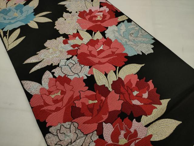 平和屋着物◎六通柄　京本袋帯　唐織　草花文　黒地　金銀糸　正絹　逸品　AABJ7131pf