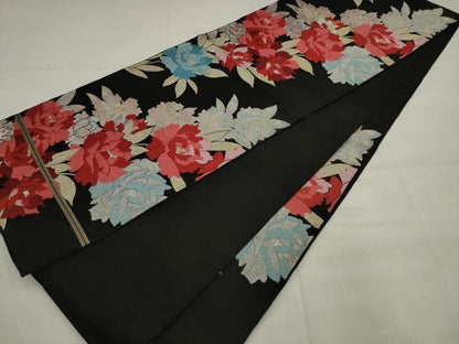 平和屋着物◎六通柄　京本袋帯　唐織　草花文　黒地　金銀糸　正絹　逸品　AABJ7131pf