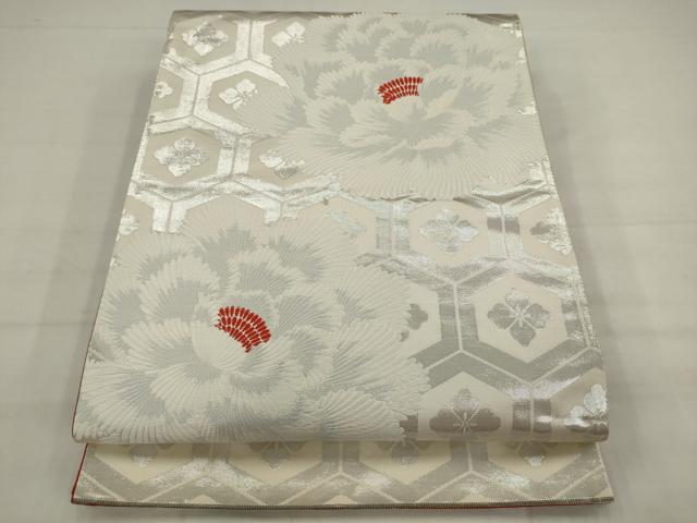 平和屋着物◎六通柄袋帯　唐織　亀甲花文　銀糸　正絹　逸品　AABJ7144pf