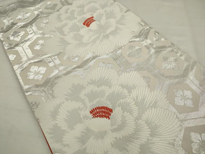 平和屋着物◎六通柄袋帯　唐織　亀甲花文　銀糸　正絹　逸品　AABJ7144pf