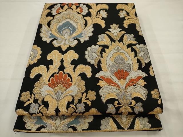 平和屋着物◎六通柄袋帯　更紗花文　黒地　金糸　正絹　逸品　AABJ7146pf