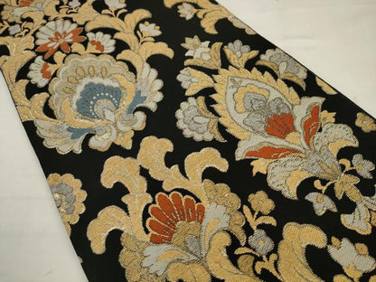 平和屋着物◎六通柄袋帯　更紗花文　黒地　金糸　正絹　逸品　AABJ7146pf