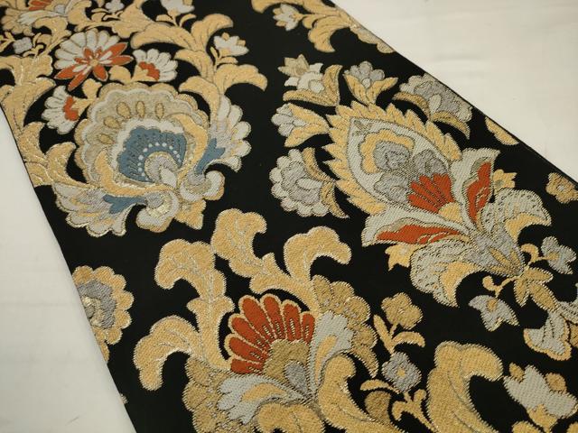 平和屋着物◎六通柄袋帯　更紗花文　黒地　金糸　正絹　逸品　AABJ7146pf