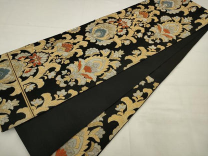 平和屋着物◎六通柄袋帯　更紗花文　黒地　金糸　正絹　逸品　AABJ7146pf