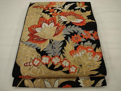 平和屋着物◎六通柄　京本袋帯　更紗花文　黒地　金糸　正絹　逸品　AABJ7147pf