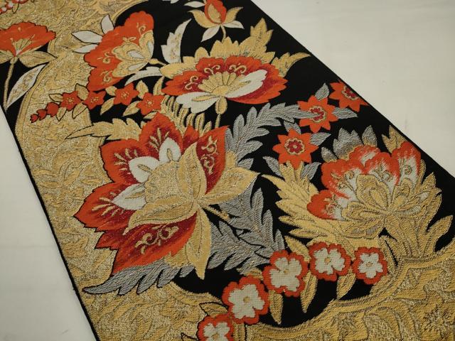 平和屋着物◎六通柄　京本袋帯　更紗花文　黒地　金糸　正絹　逸品　AABJ7147pf