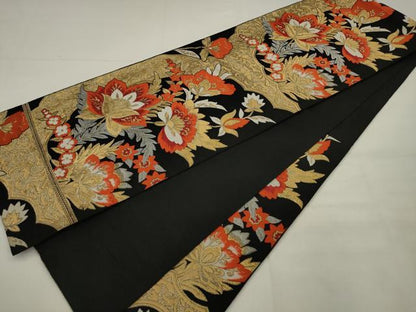 平和屋着物◎六通柄　京本袋帯　更紗花文　黒地　金糸　正絹　逸品　AABJ7147pf