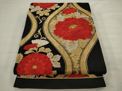 平和屋着物◎六通柄袋帯　唐織　立涌花文　黒地　金銀糸　正絹　逸品　AABJ7148pf