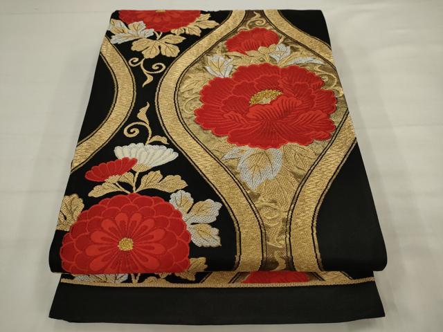 平和屋着物◎六通柄袋帯　唐織　立涌花文　黒地　金銀糸　正絹　逸品　AABJ7148pf