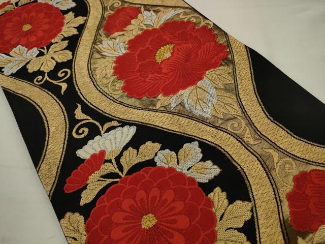 平和屋着物◎六通柄袋帯　唐織　立涌花文　黒地　金銀糸　正絹　逸品　AABJ7148pf