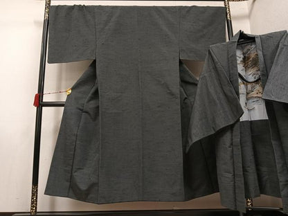 平和屋着物●男性　紬　アンサンブル　色無地　消炭色　正絹　逸品　AABJ7164ph