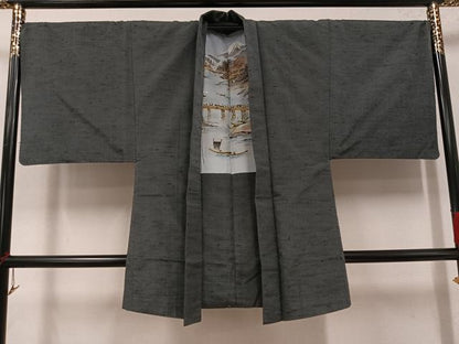 平和屋着物●男性　紬　アンサンブル　色無地　消炭色　正絹　逸品　AABJ7164ph