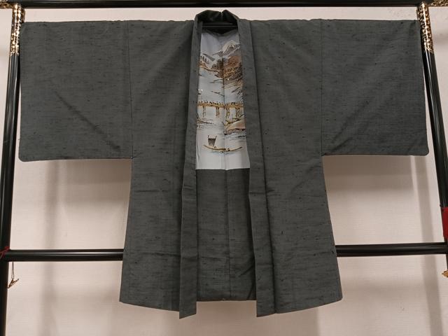 平和屋着物●男性　紬　アンサンブル　色無地　消炭色　正絹　逸品　AABJ7164ph